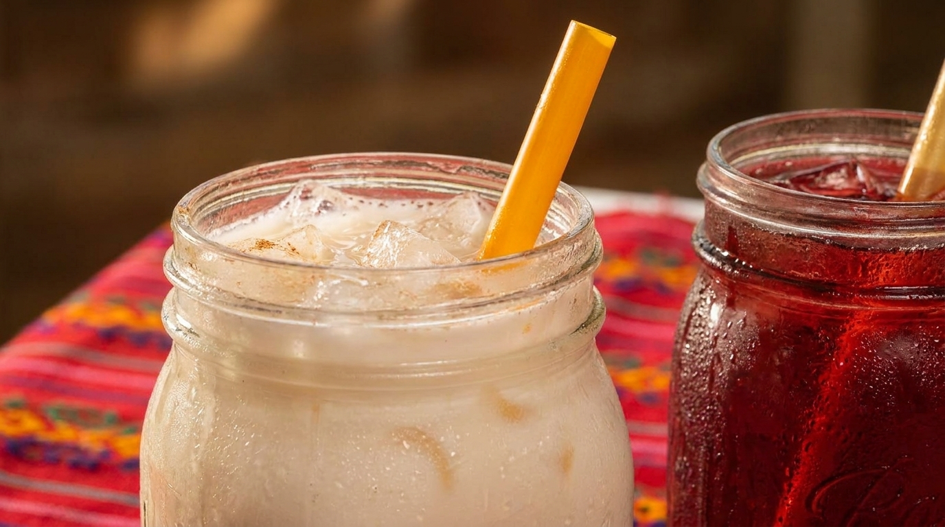 Two iced drinks in mason jars, one horchata and one red jamaica, on a colorful patterned tablecloth.