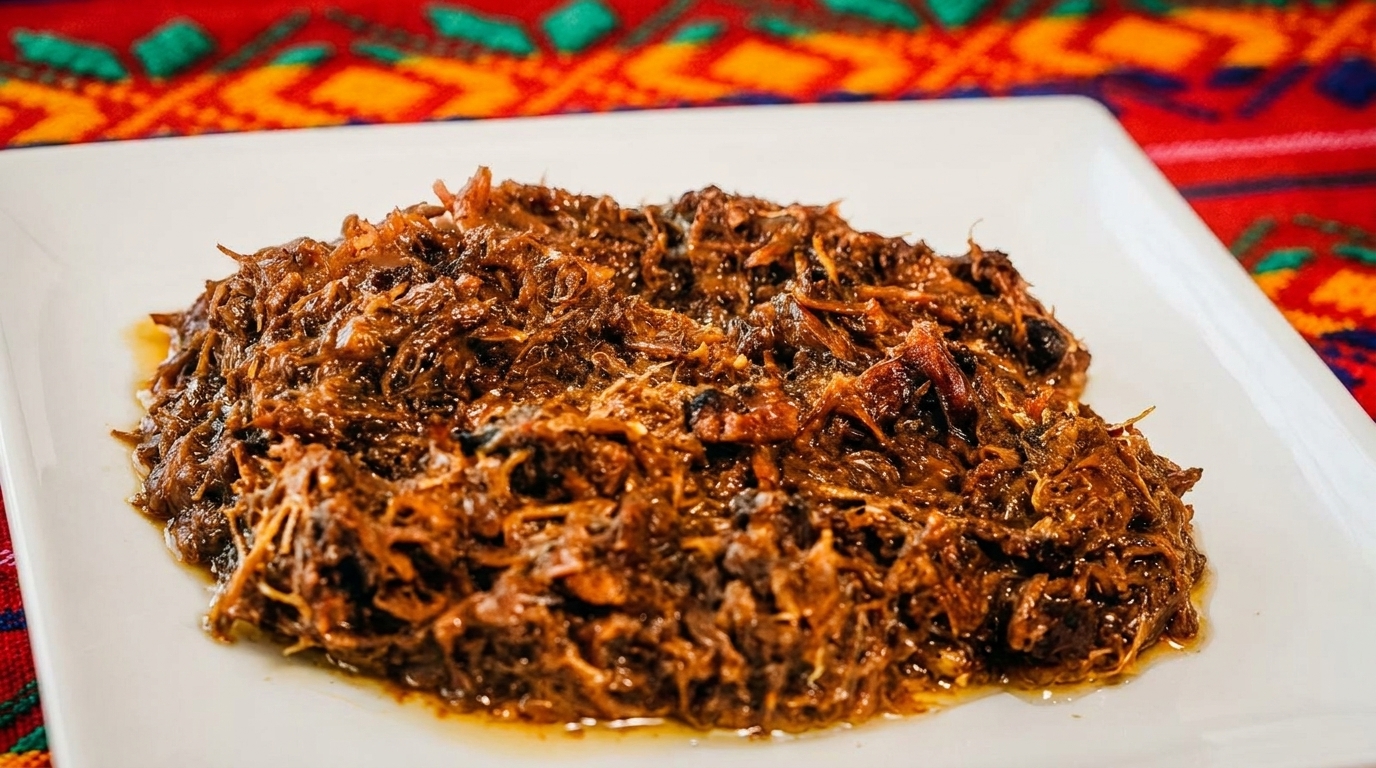 Close-up of a white plate filled with a rich, dark brown shredded meat dish, possibly barbacoa.
