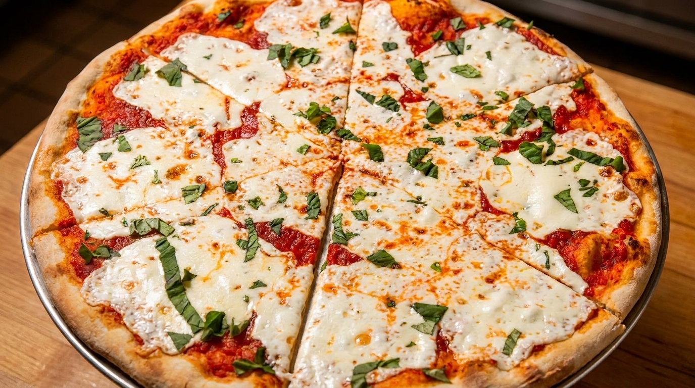 A freshly baked Margherita pizza, sliced into eight pieces, topped with melted mozzarella, red sauce, and basil.