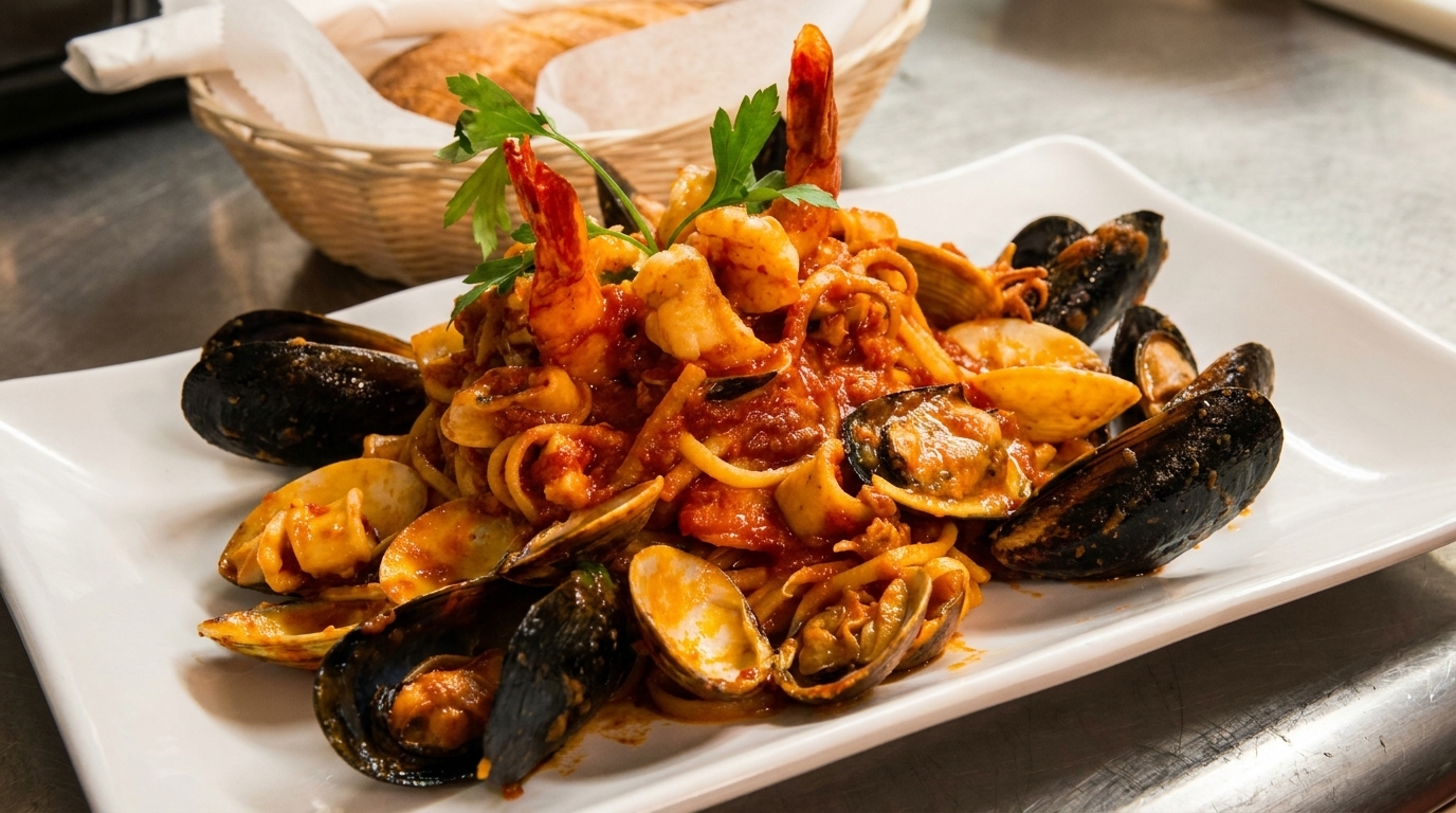 Seafood pasta with shrimp, mussels, and clams in a rich red sauce, garnished with parsley.