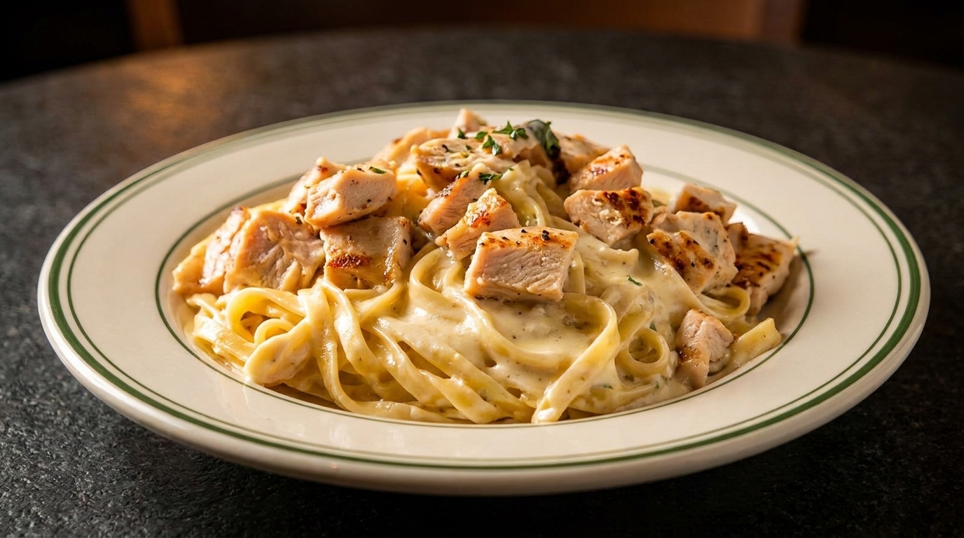 Creamy fettuccine alfredo with grilled chicken pieces and herbs on a white plate with green trim.