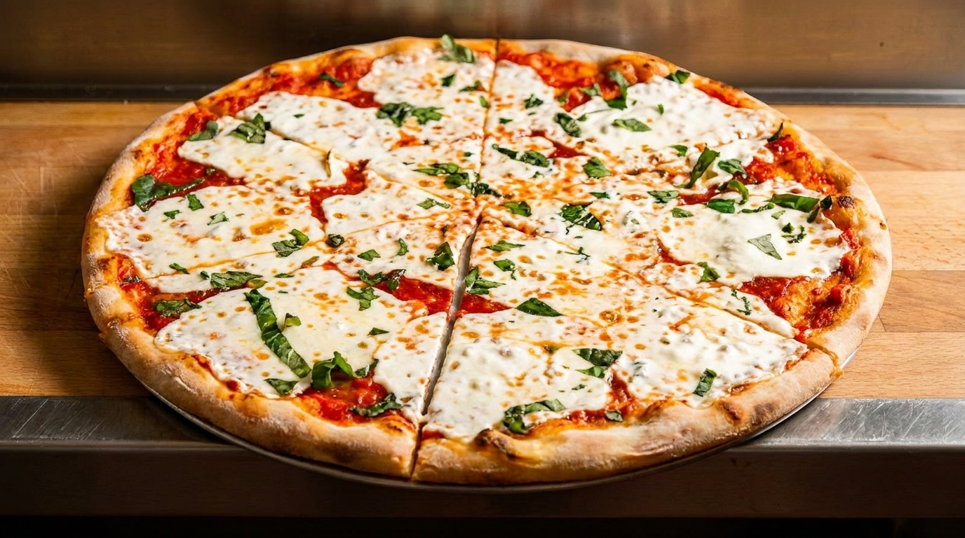 A whole Margherita pizza, sliced, with melted mozzarella, red sauce, and fresh basil.