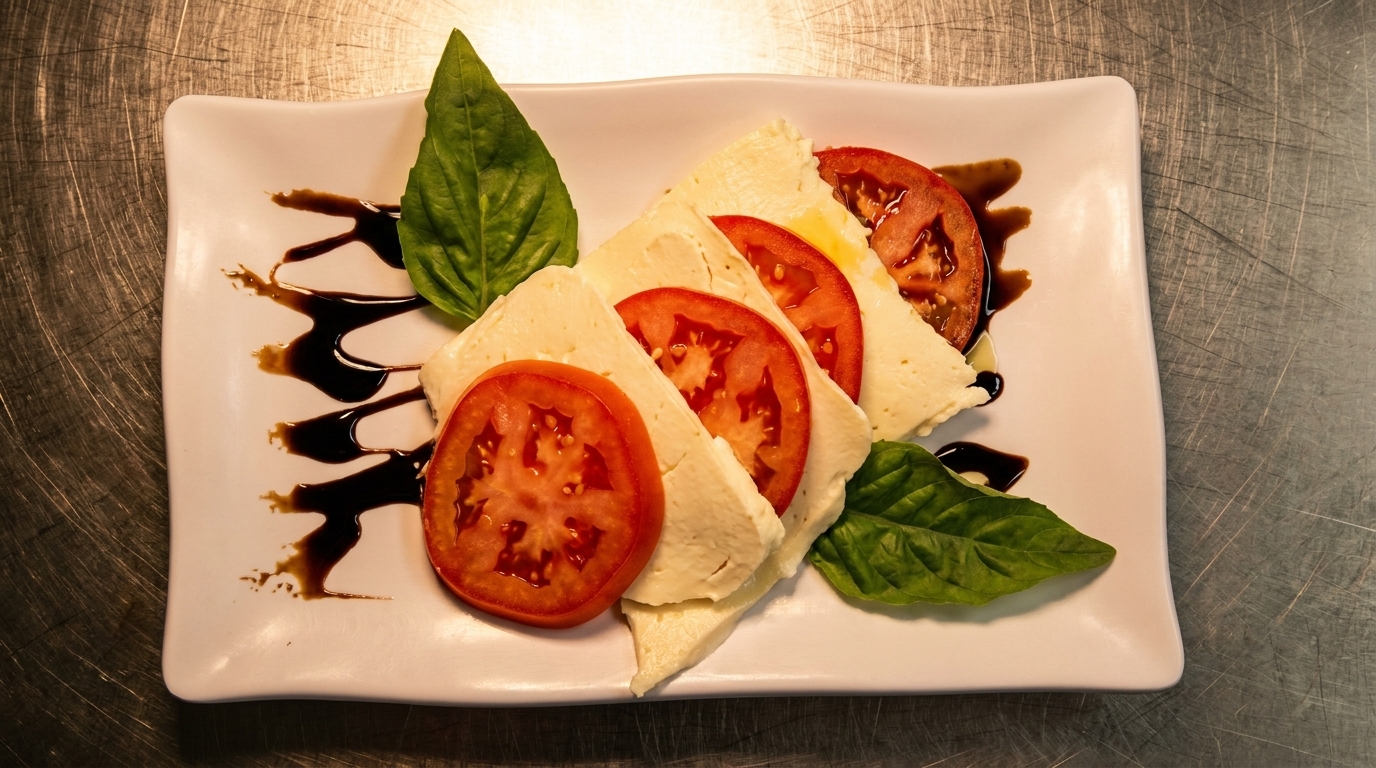 Caprese salad with fresh mozzarella, sliced tomatoes, basil leaves, and balsamic glaze on a white plate.