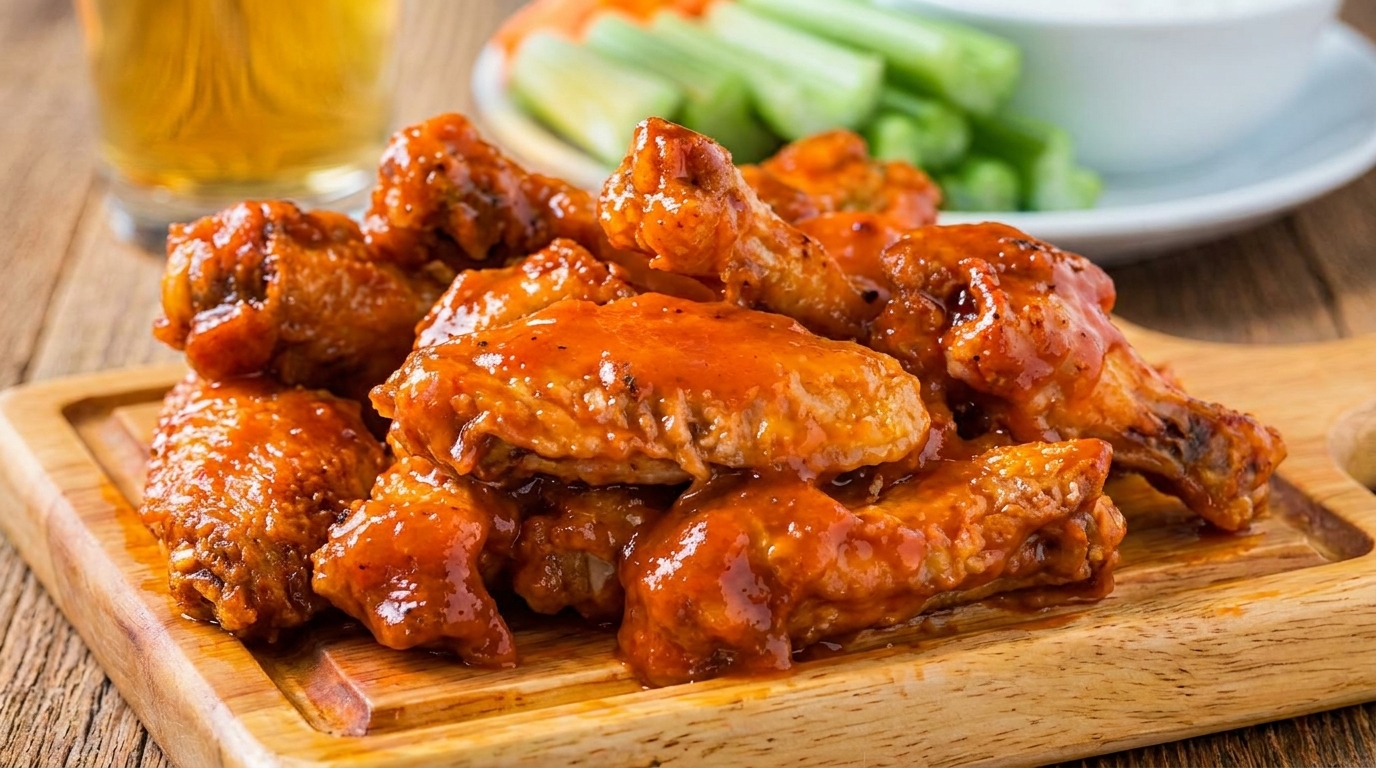 Buffalo wings on a wooden board with celery, carrots, dipping sauce, and a beer.