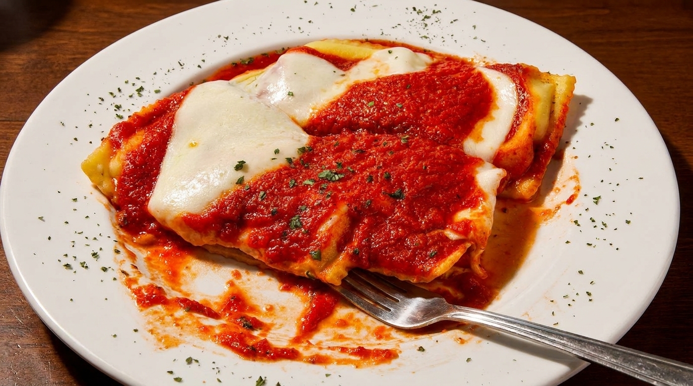 Baked ravioli with melted mozzarella cheese and red sauce, garnished with parsley on a white plate.