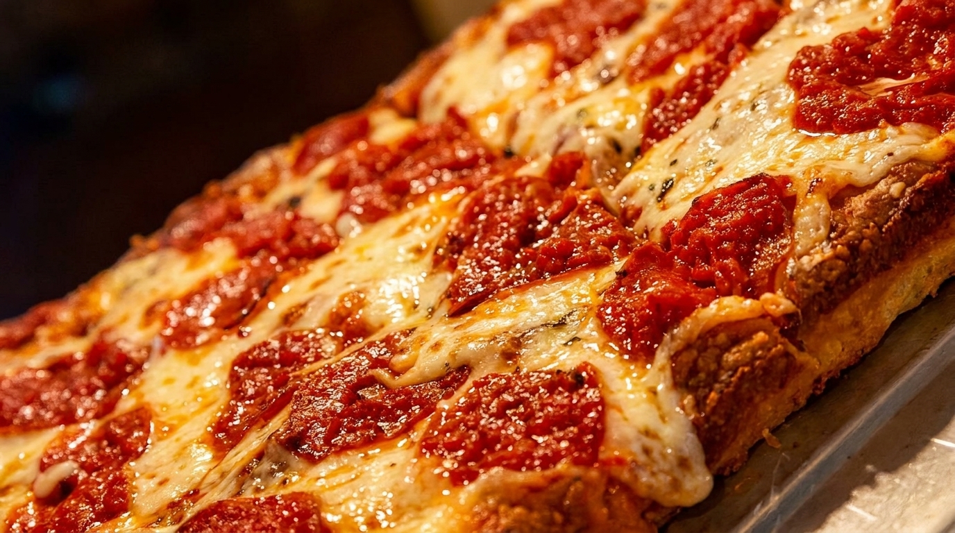 Close-up of a rectangular Detroit-style pizza with thick crust, melted cheese, and rich red sauce.