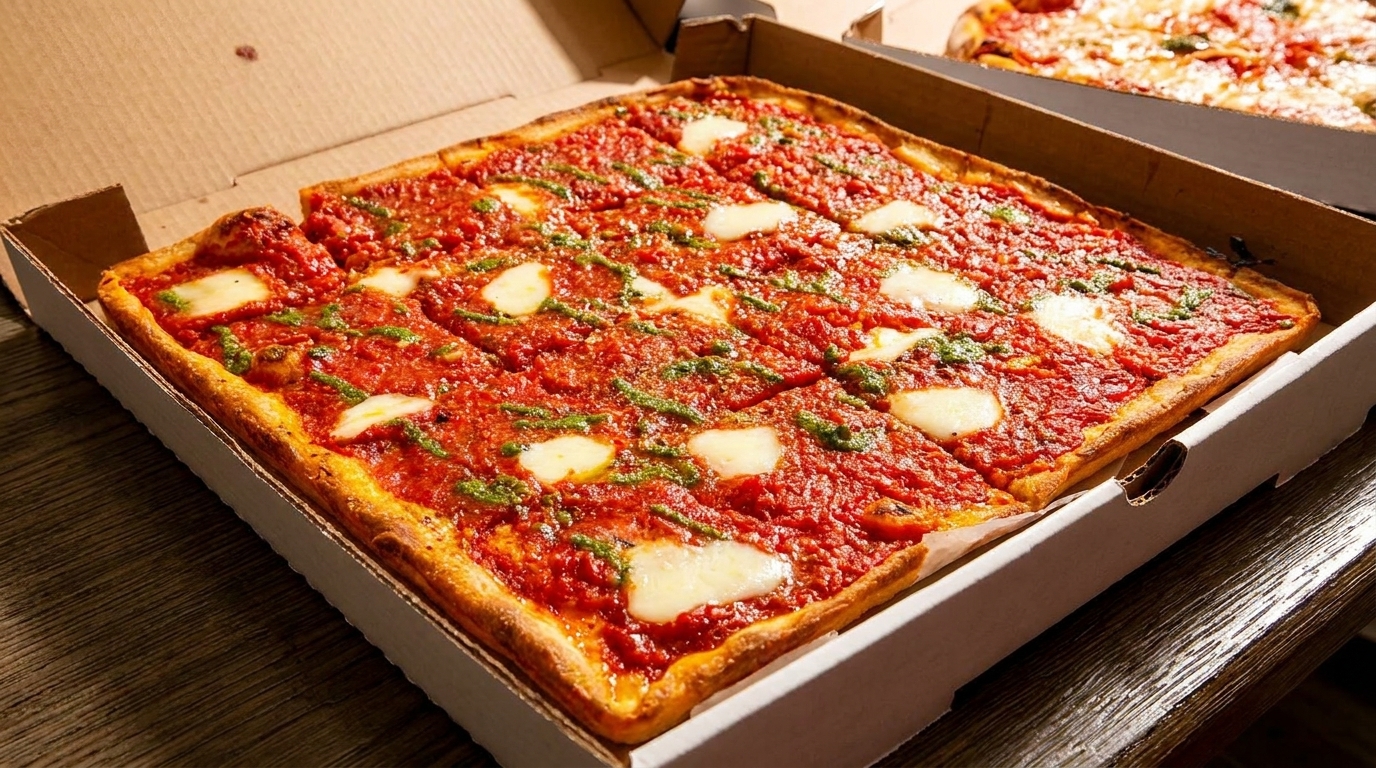 Square Sicilian pizza with red sauce, fresh mozzarella, and pesto in a cardboard box.