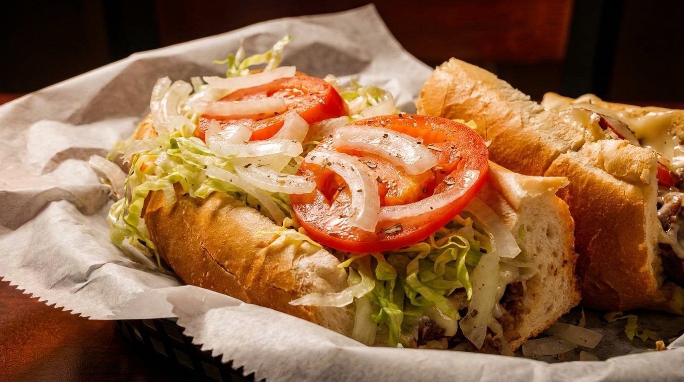 Two large submarine sandwiches with lettuce, tomatoes, onions, and meat in a basket.