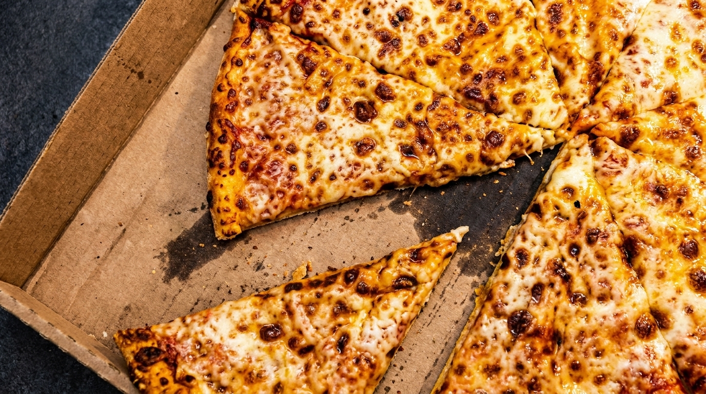 A partially eaten cheese pizza with several slices remaining in a cardboard delivery box.