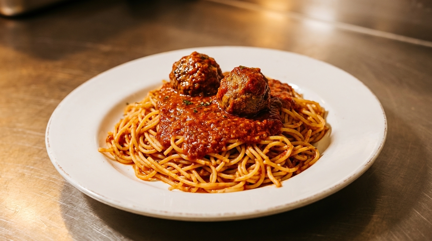 Spaghetti with two large meatballs and rich red marinara sauce on a white plate.
