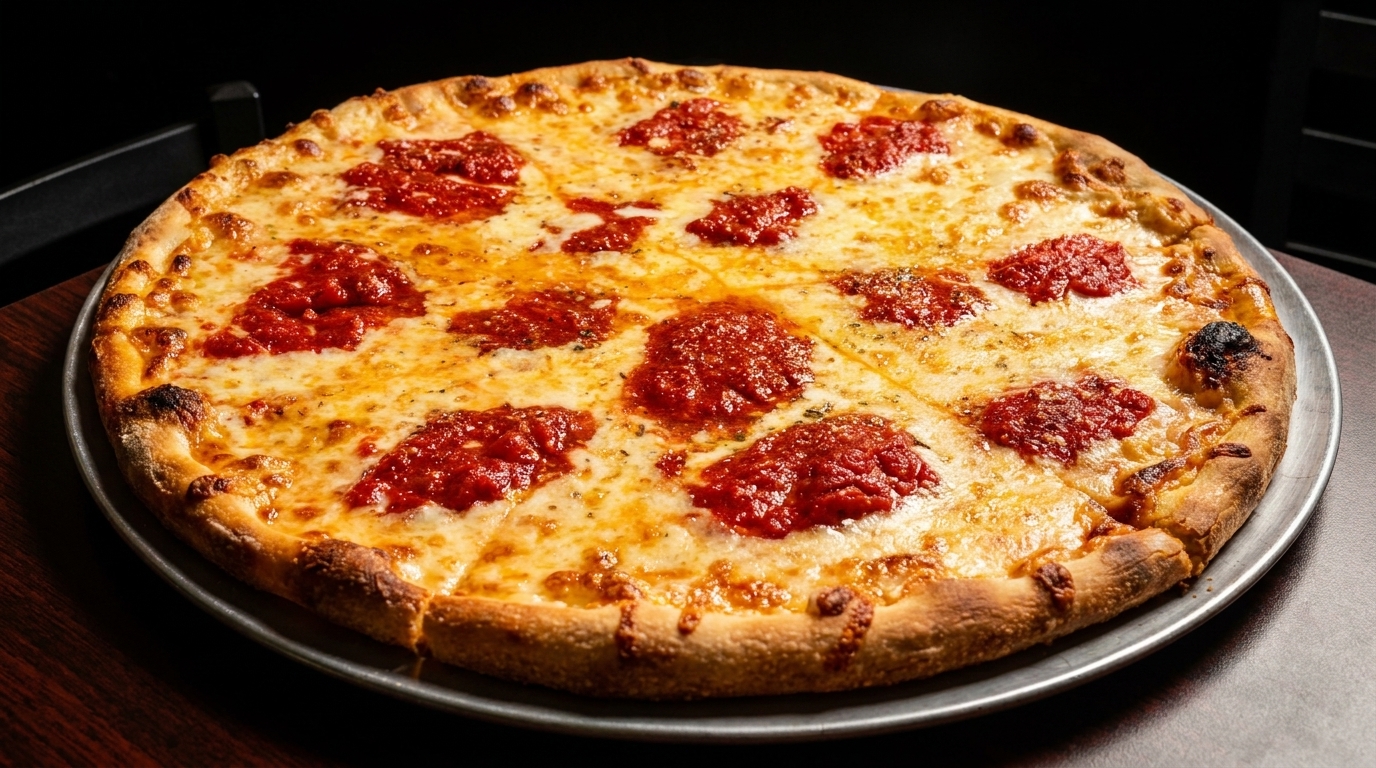 A whole cheese pizza with dollops of red sauce on a metal pan.