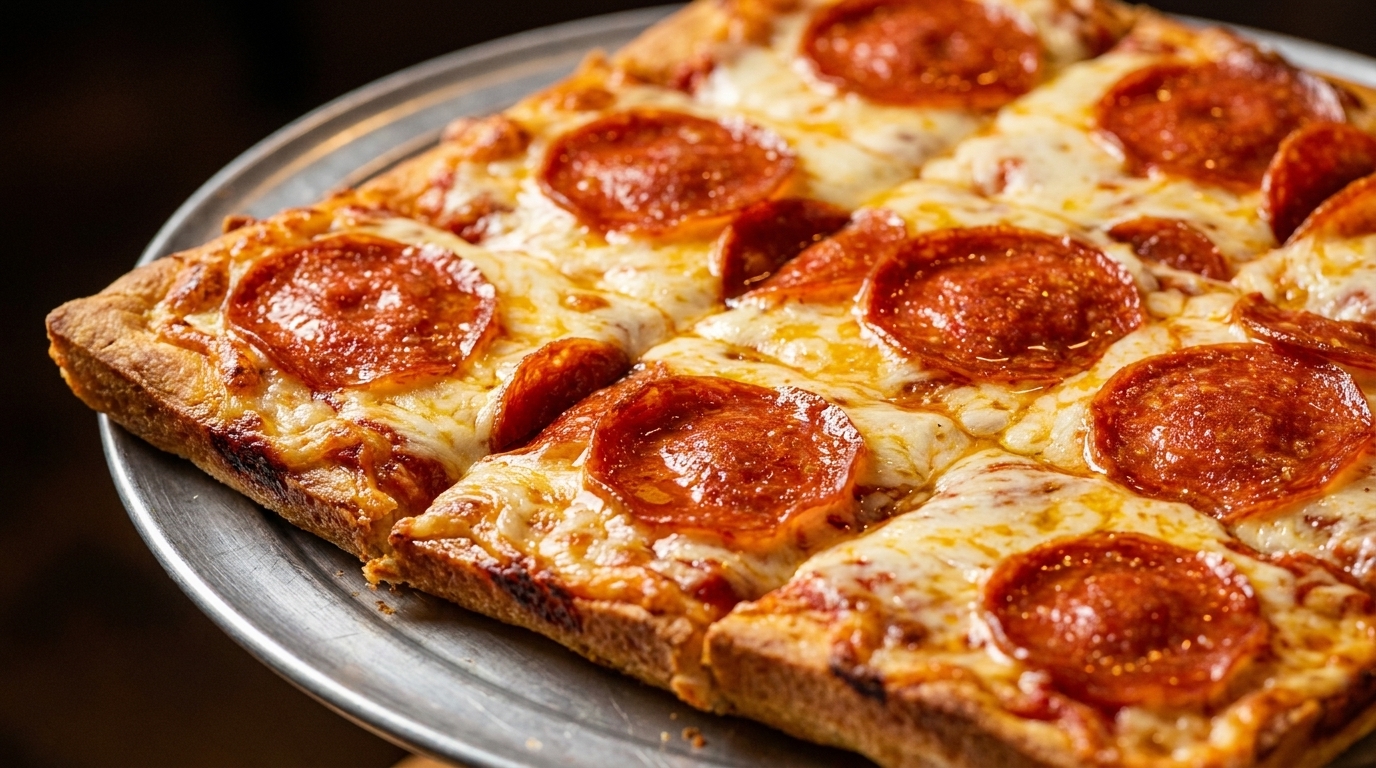 Square pepperoni pizza with melted cheese, cut into slices, on a round metal tray.