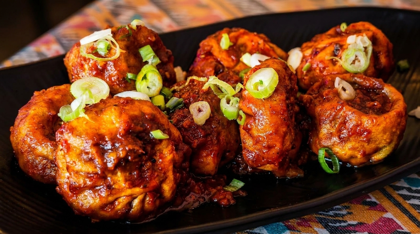 Spicy momos, garnished with sliced green onions and white onions, served on a black plate.