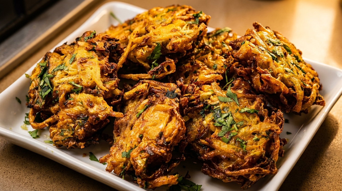 Crispy golden-brown onion bhaji fritters, garnished with fresh cilantro, on a white rectangular plate.