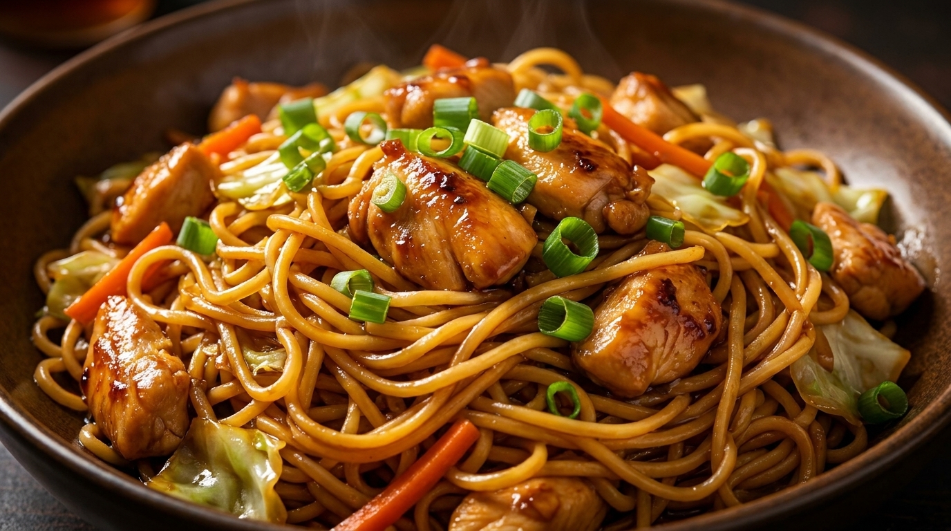 Steaming chicken lo mein with noodles, carrots, cabbage, and green onions in a brown bowl.