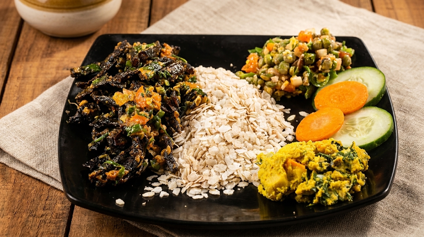 A black plate holds a meal with dark leafy greens, flattened rice, vegetable salad, and yellow curry.