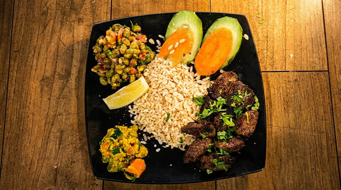 A black plate with brown rice, grilled meat, two salads, and cucumber slices with carrots.
