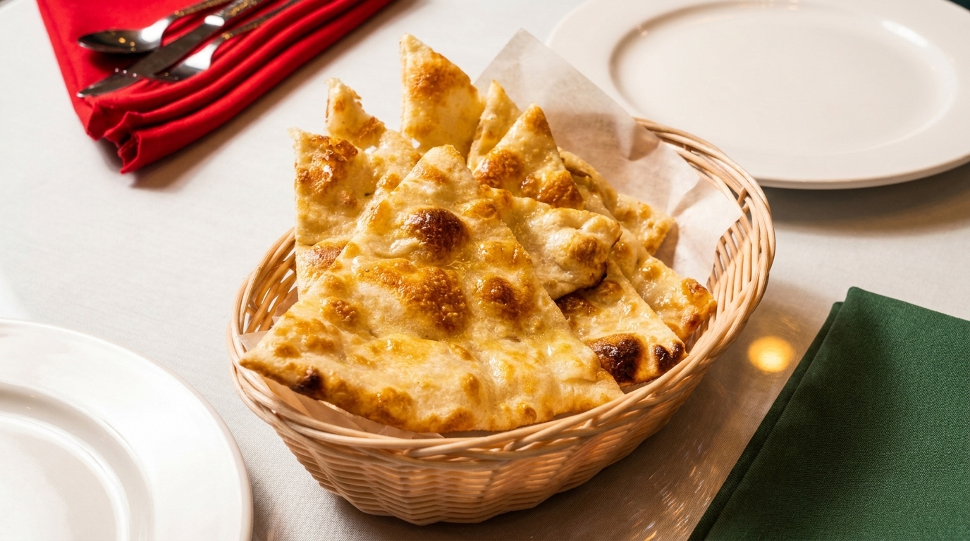 Golden brown naan bread in a wicker basket on a white tablecloth with plates and napkins.