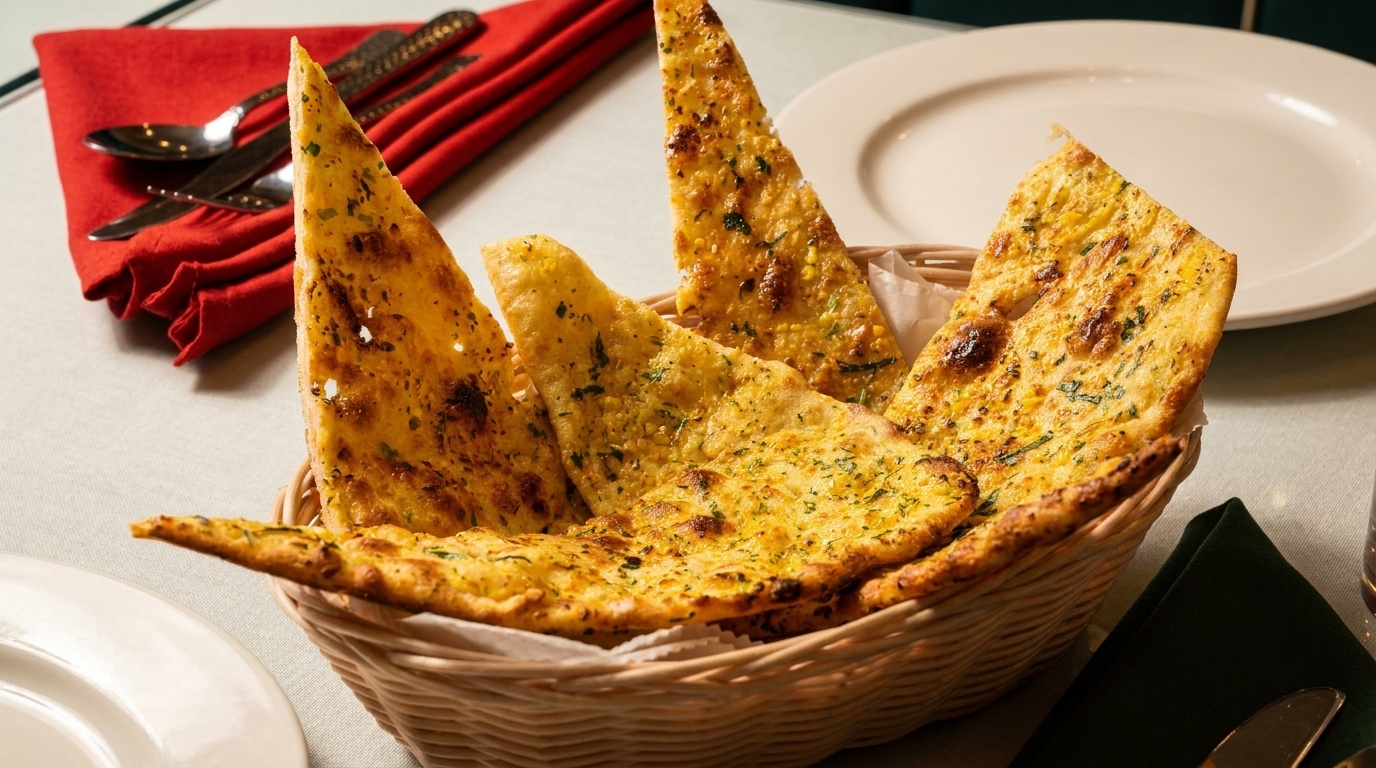 A wicker basket filled with golden-brown garlic naan bread slices on a restaurant table.