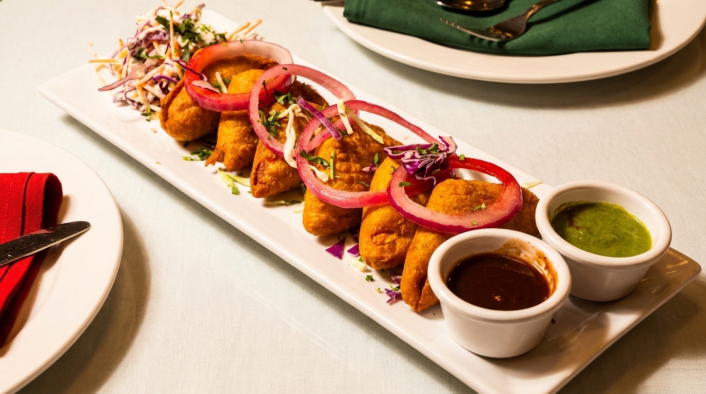 Crispy fried samosas garnished with red onion and cabbage slaw, served with two dipping sauces.