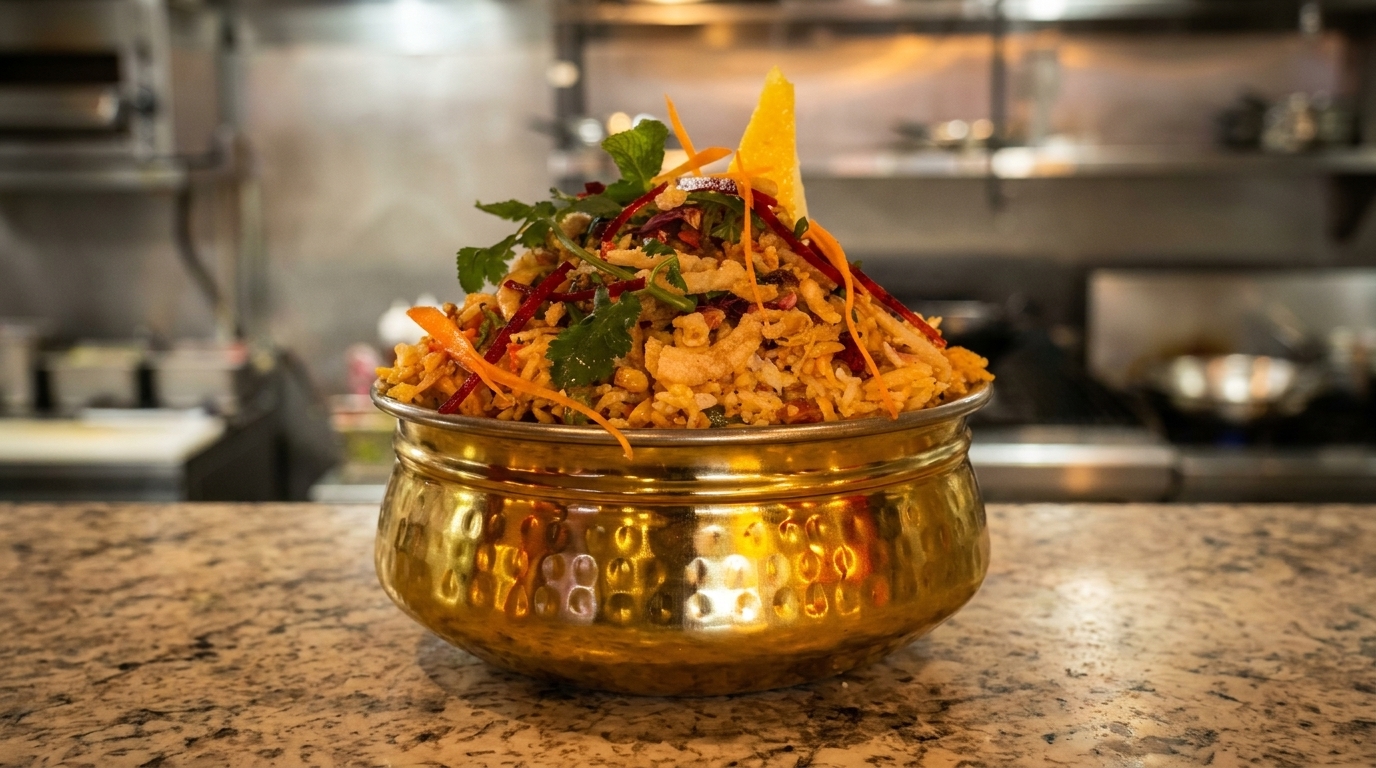 Golden bowl of biryani with fresh herbs, shredded carrots, and a lemon wedge in a kitchen.