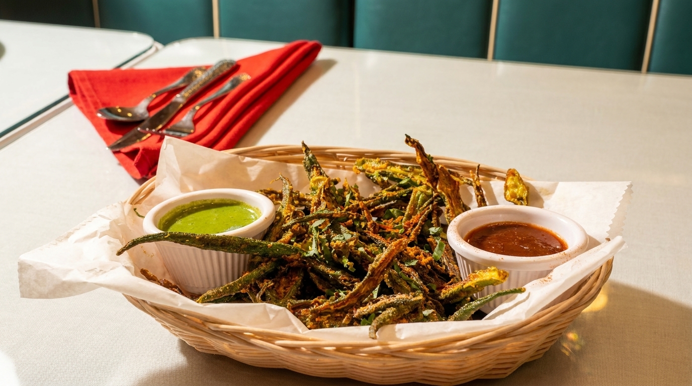 Basket of crispy fried okra with green and red dipping sauces on a restaurant table.