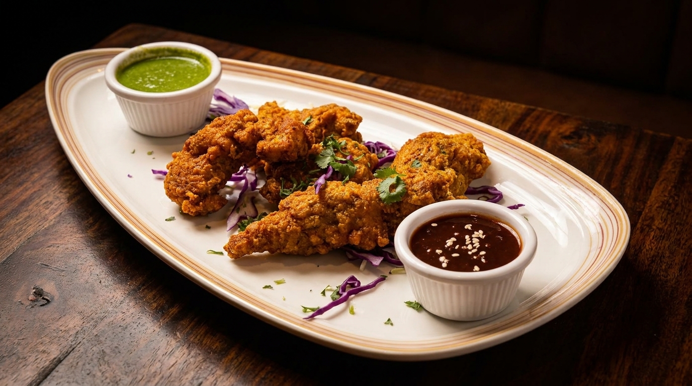 Crispy fried chicken pieces with red cabbage, cilantro, green chutney, and a dark sauce.