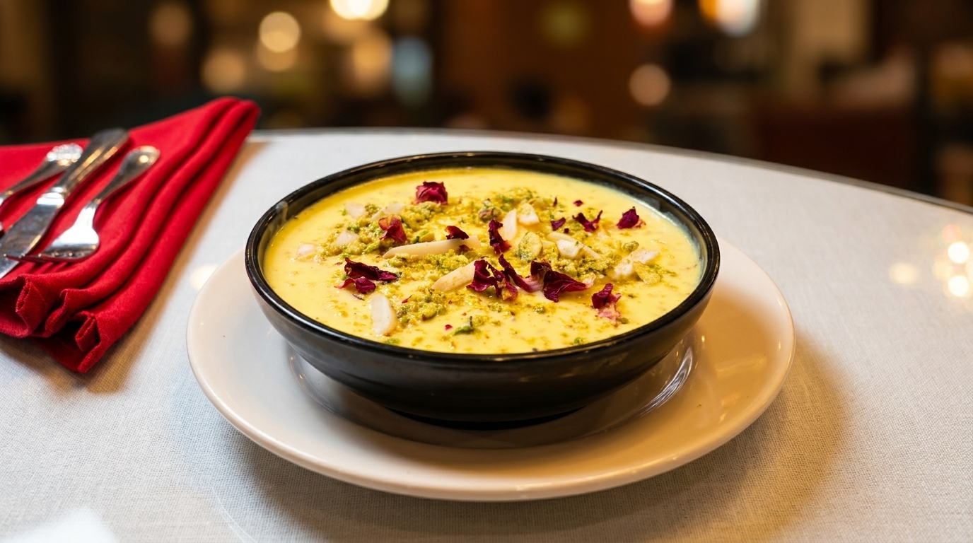 A bowl of creamy yellow dessert with pistachios, almonds, and rose petals on a white plate.