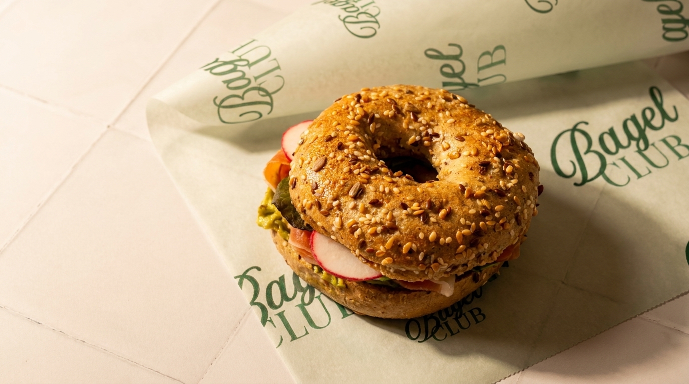 A sesame bagel sandwich with avocado, salmon, and radishes on Bagel Club branded paper.