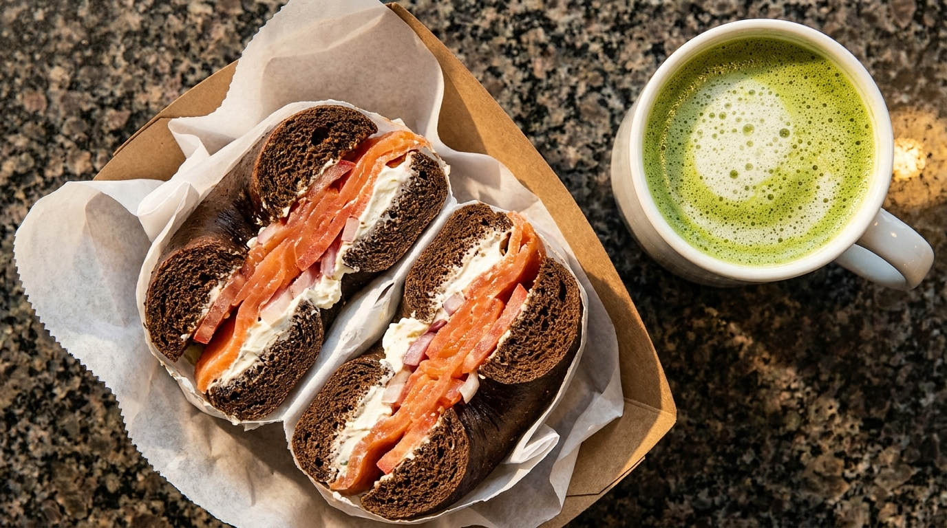 Dark bagel with salmon, cream cheese, and red onion, next to a cup of matcha latte.