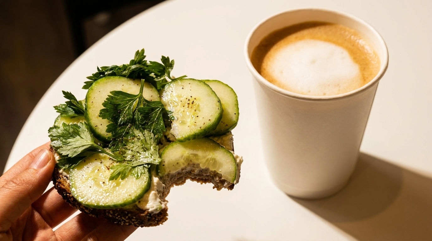 A hand holds a bitten cucumber and herb toast next to a cup of latte on a white table.