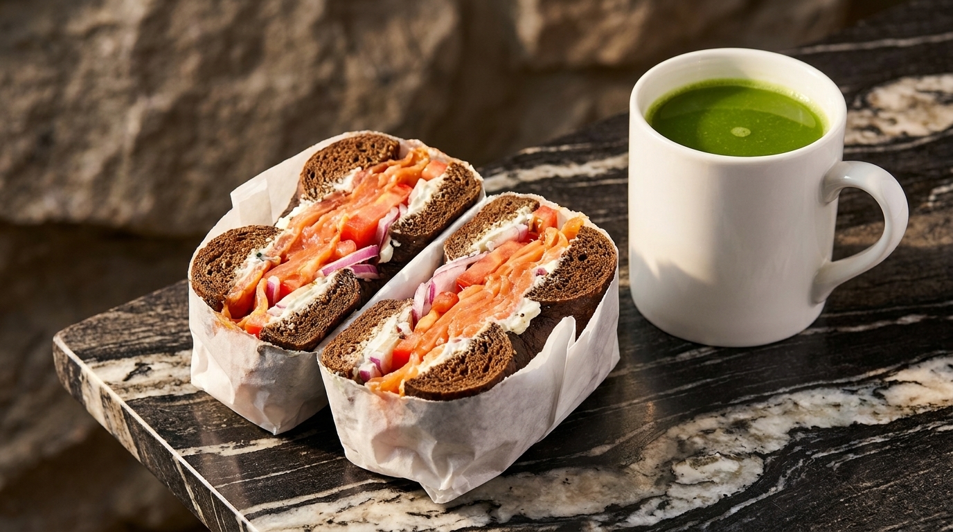 Two dark bagels with salmon, cream cheese, and red onion, next to a white mug of matcha.