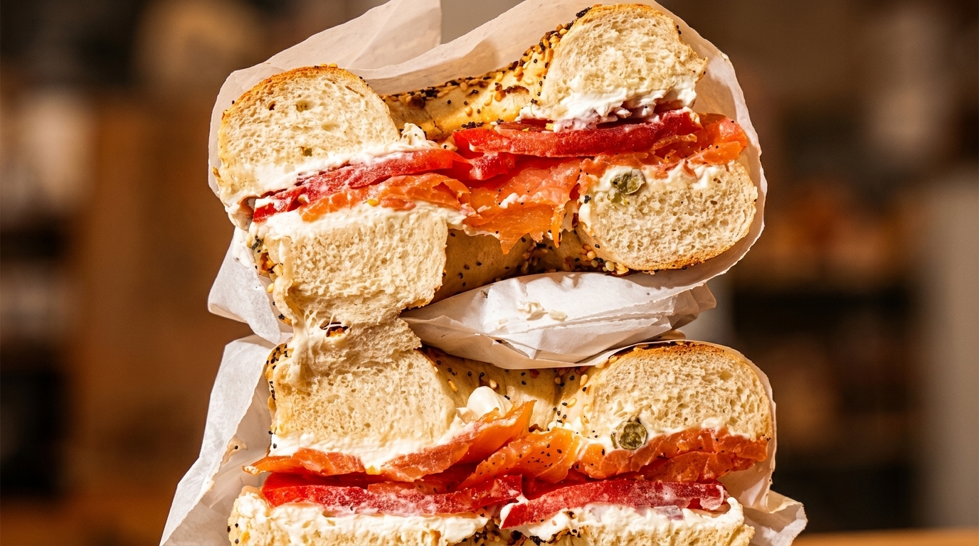 Two everything bagels with lox, cream cheese, tomato, and capers, stacked in paper.
