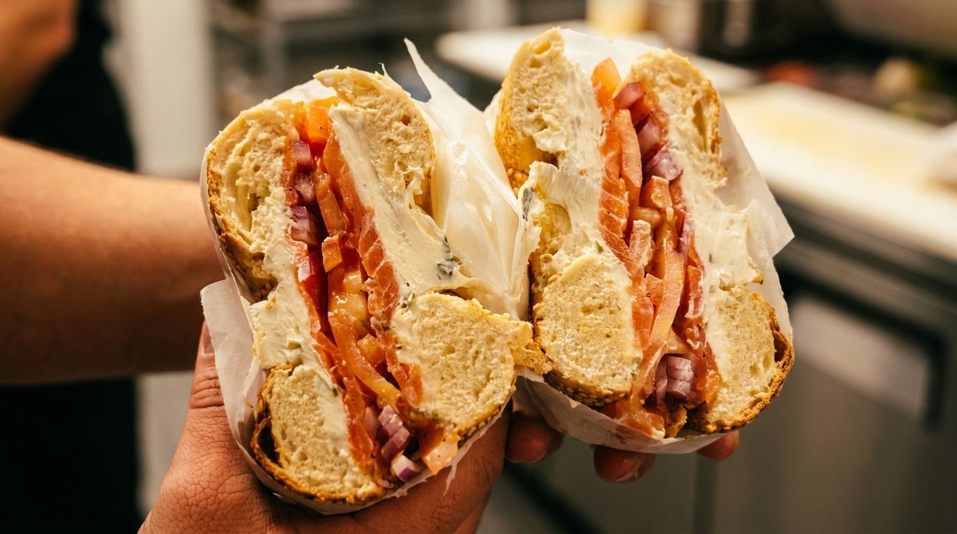 Hands holding a bagel sandwich cut in half, filled with cream cheese, salmon, and red onion.