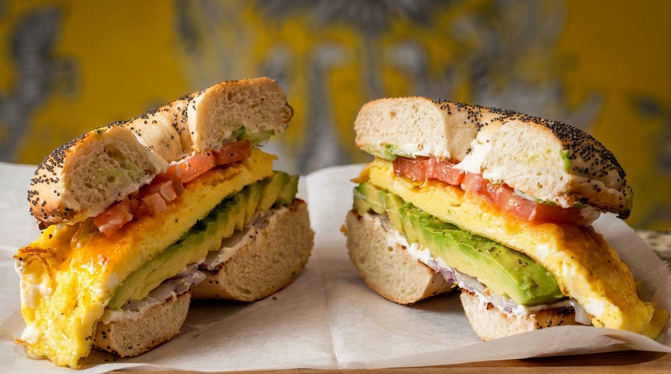 Two halves of a poppy seed bagel sandwich with egg, avocado, tomato, and cream cheese.