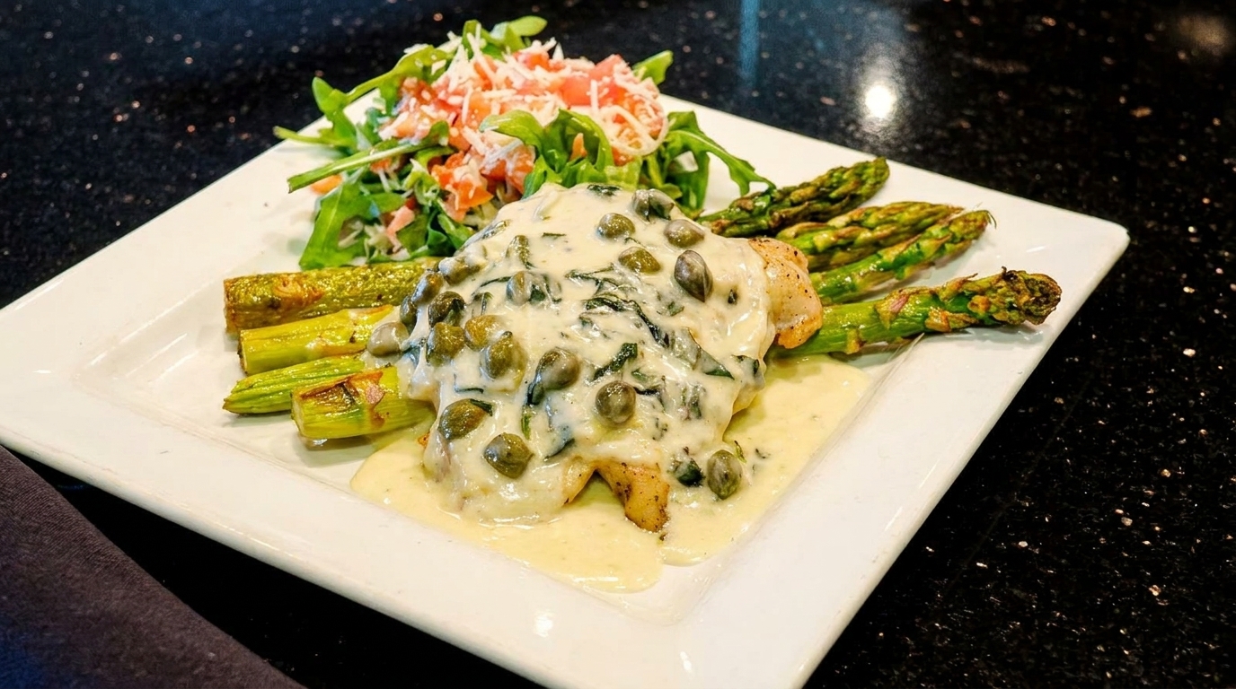 Chicken piccata with capers, creamy sauce, asparagus, and a side salad on a white plate.