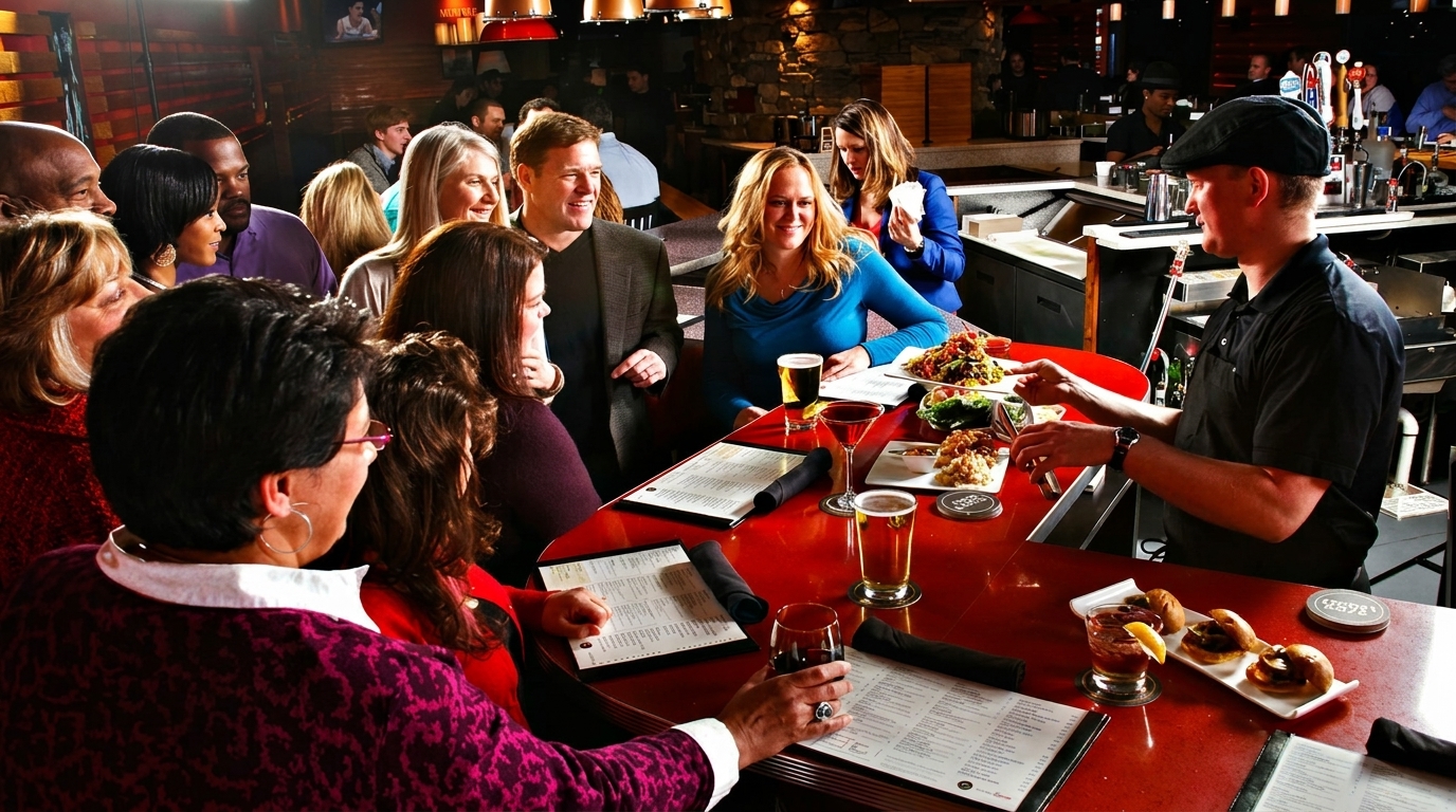 A bartender serves drinks and food to a diverse group of smiling patrons at a lively bar.