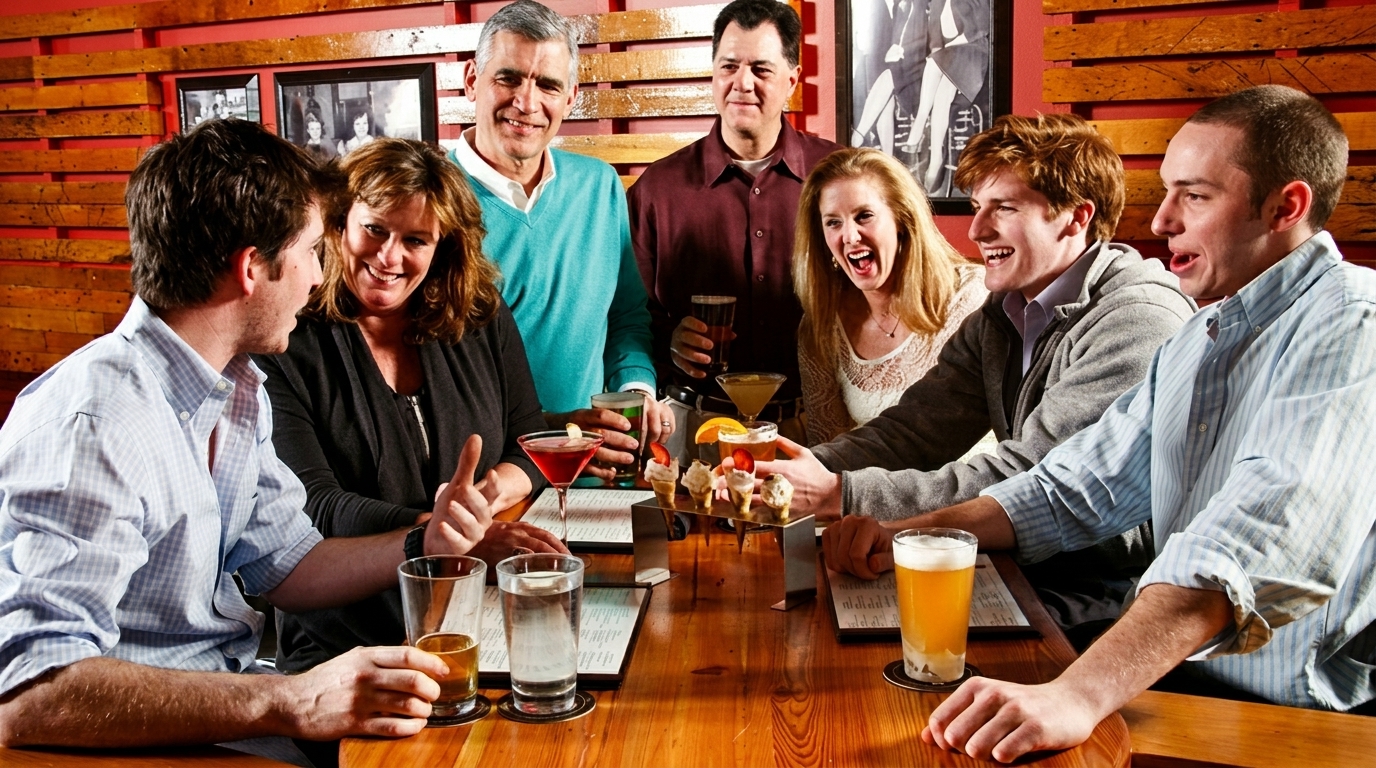 Group of friends laughing and enjoying drinks and appetizers at a lively restaurant bar.