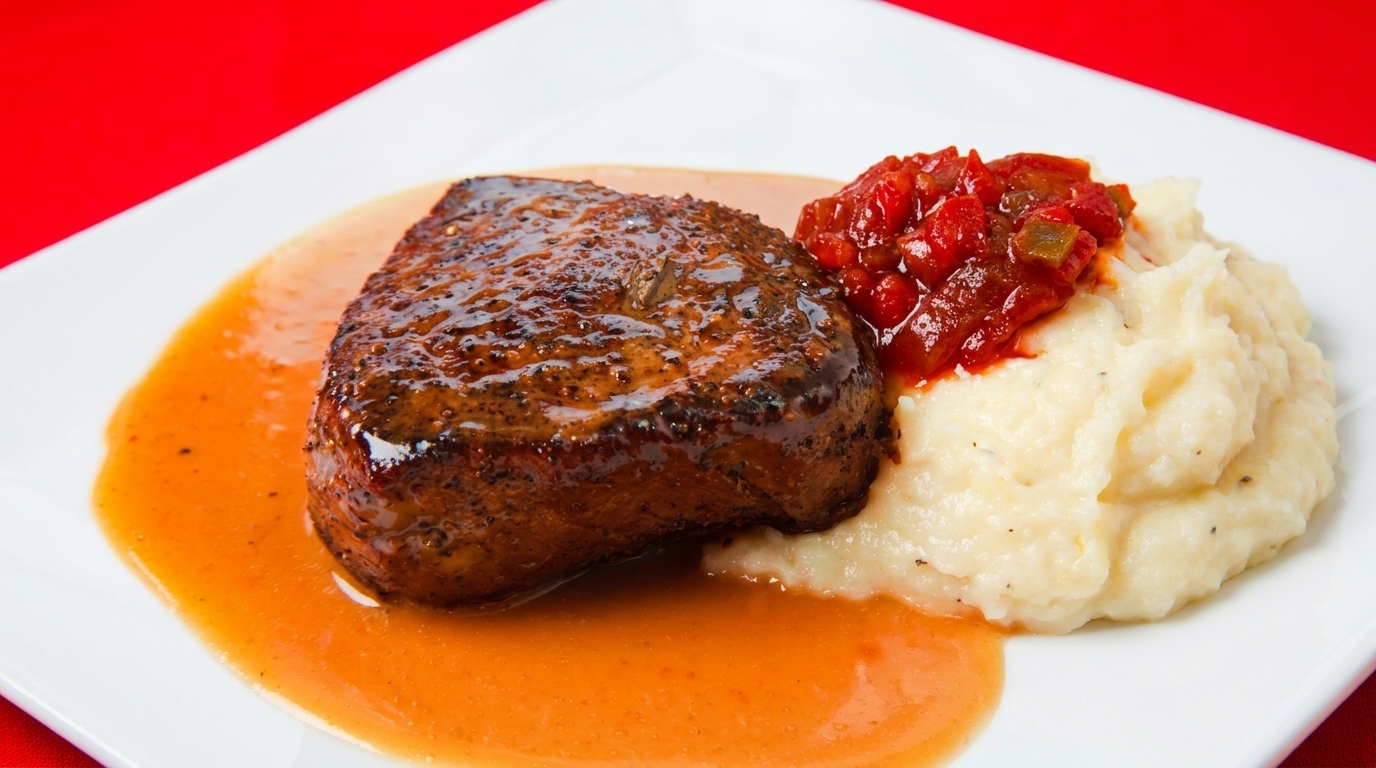 Seared steak with a rich orange sauce, mashed potatoes, and red relish on a white plate.