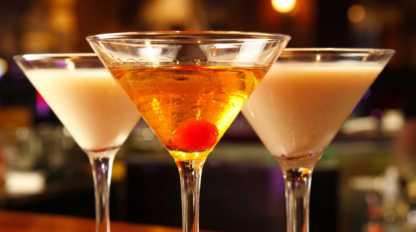 Three martini glasses on a bar, one with an amber drink and cherry, two with creamy white drinks.