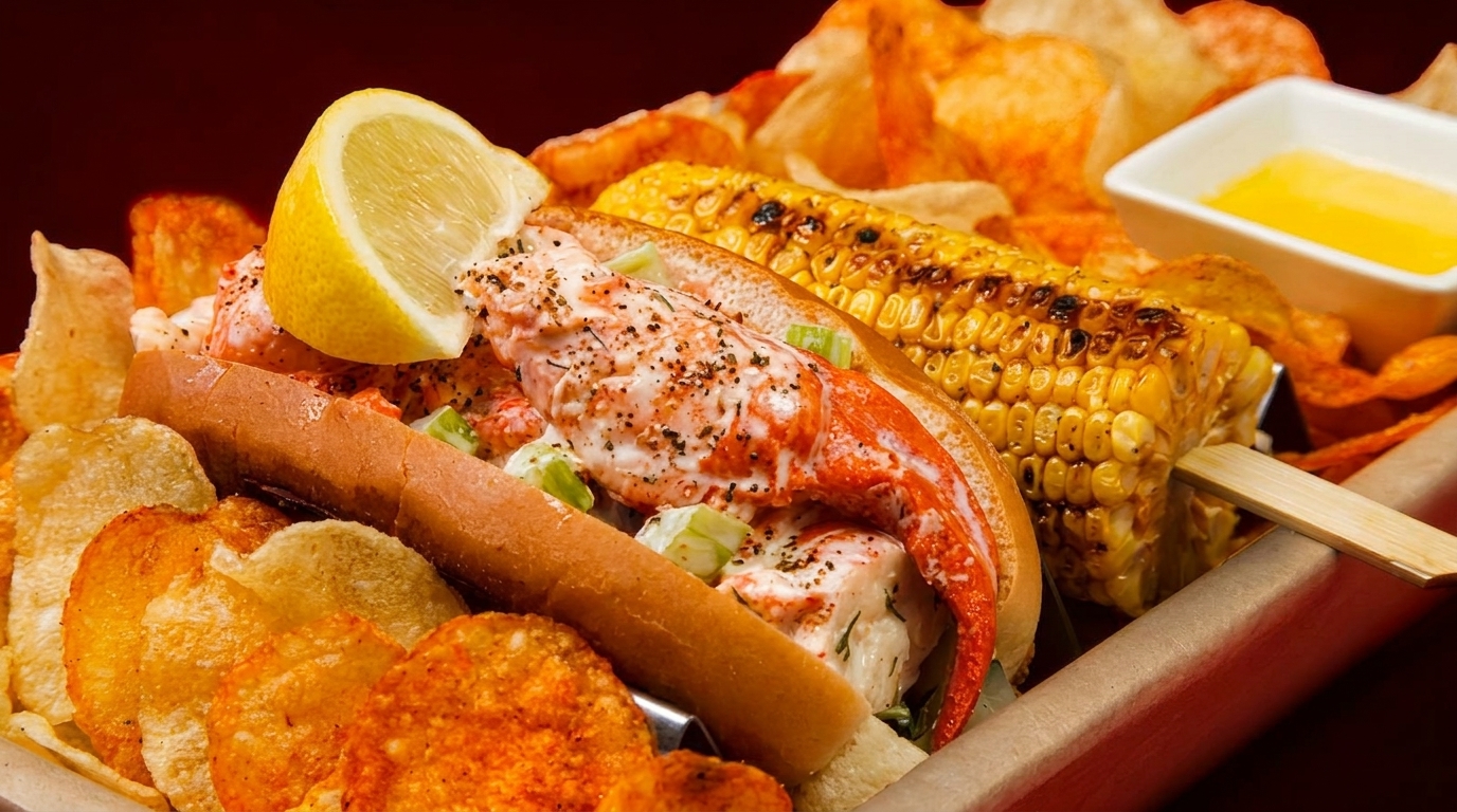 A lobster roll with a lemon wedge, grilled corn on the cob, and potato chips.