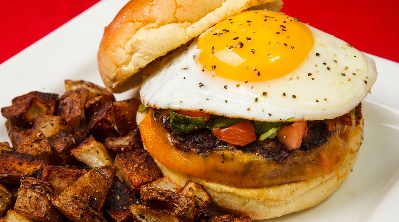 A cheeseburger topped with a fried egg, lettuce, and tomato, served with roasted potatoes.