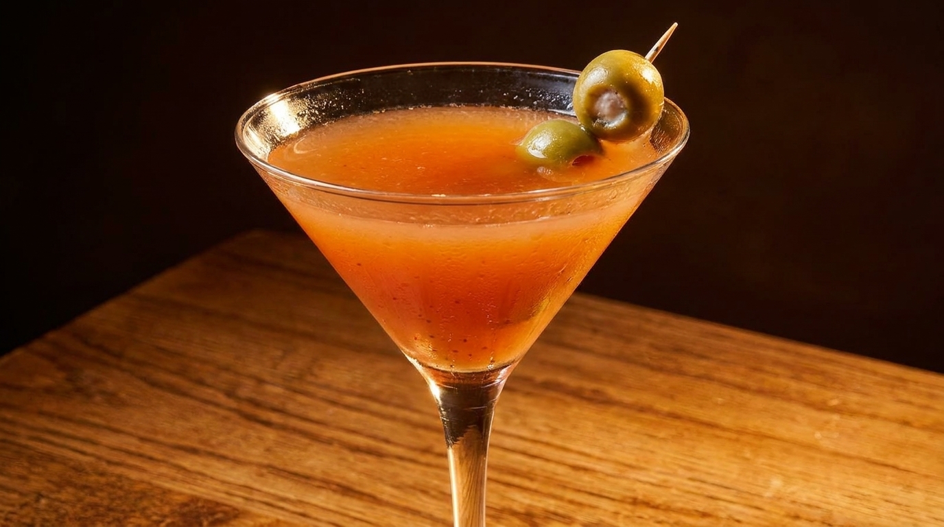 A martini glass filled with an orange cocktail and garnished with two green olives on a wooden table.