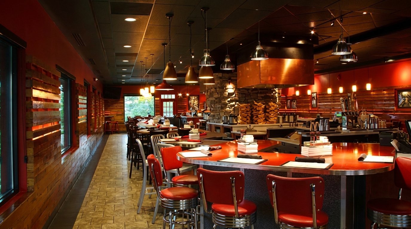 Warmly lit restaurant interior with red walls, wooden accents, a bar, and dining tables.