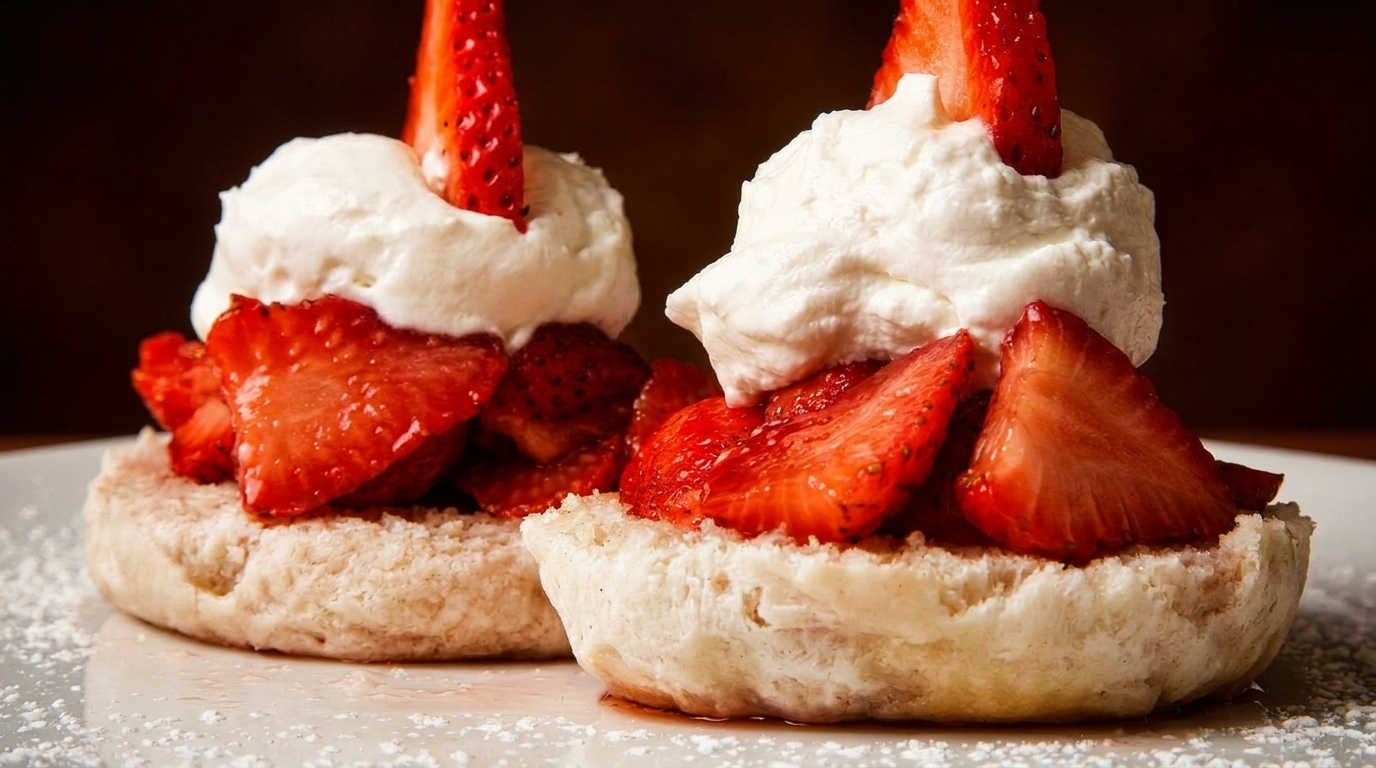 Two strawberry shortcakes with whipped cream and fresh strawberries on a white plate.