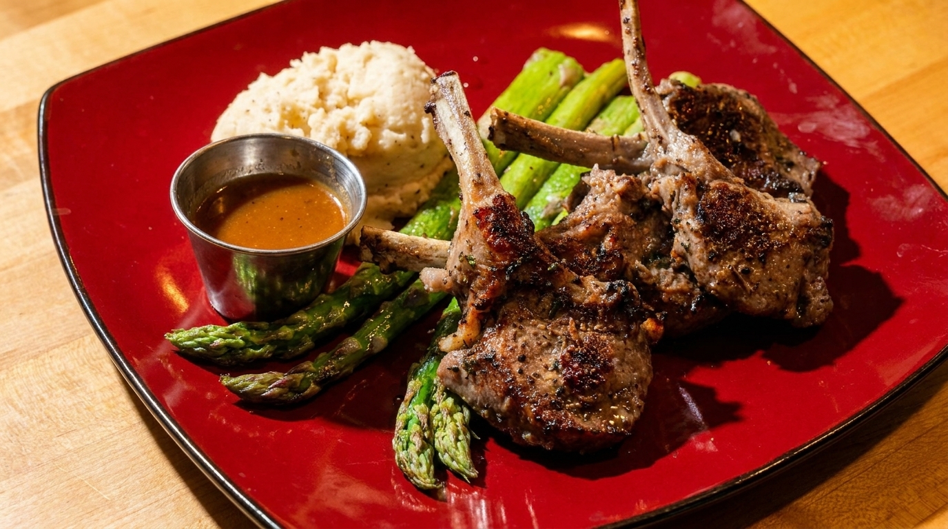 Grilled lamb chops with mashed potatoes, asparagus, and a side of gravy on a red plate.