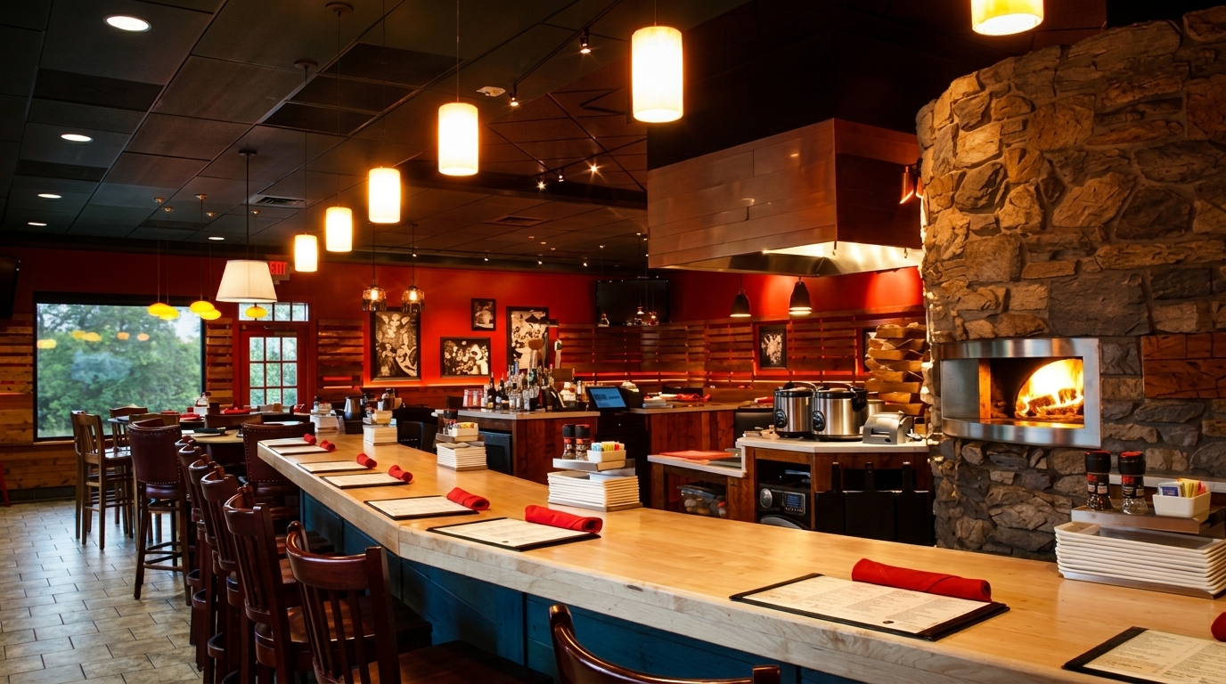 Warmly lit restaurant interior with a long bar, dining tables, and a stone pizza oven.