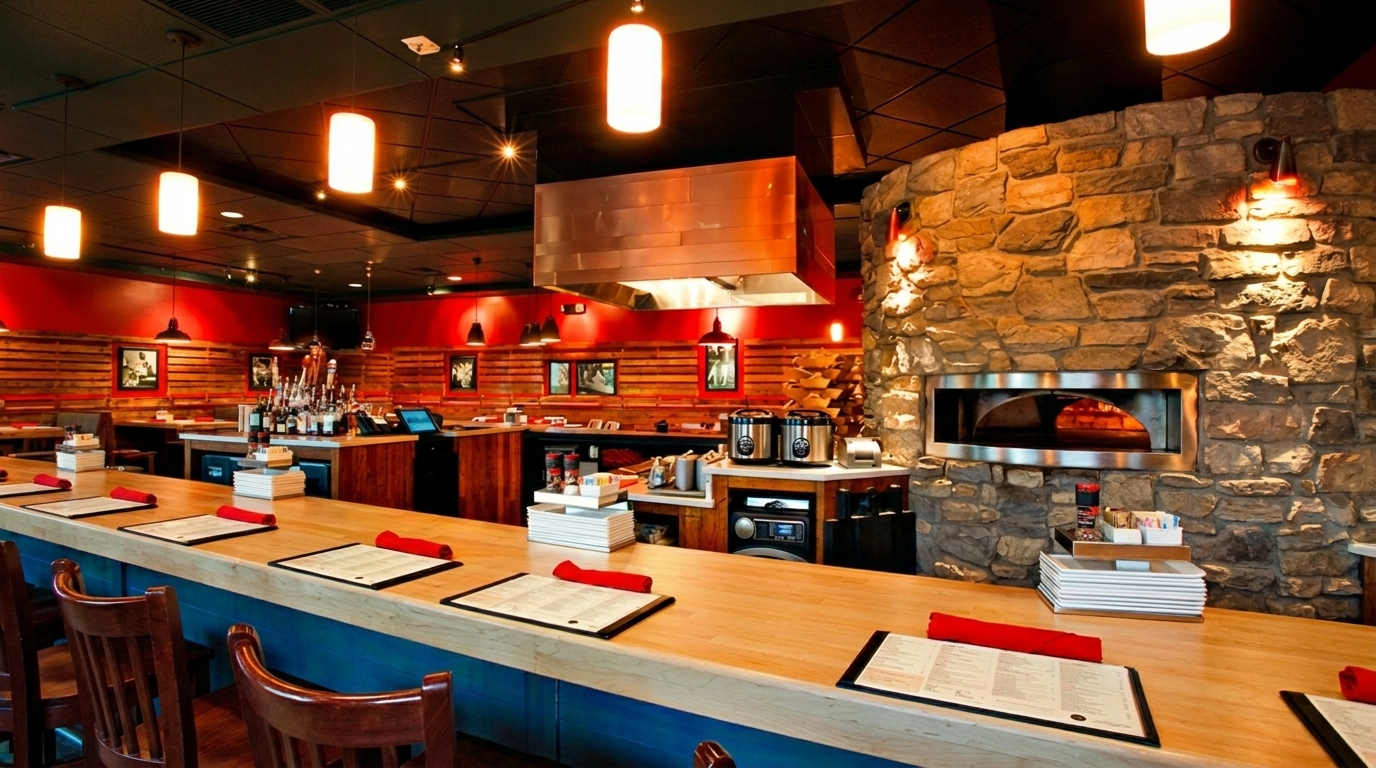 Restaurant interior with a long bar, a stone pizza oven, and red and wood-paneled walls.
