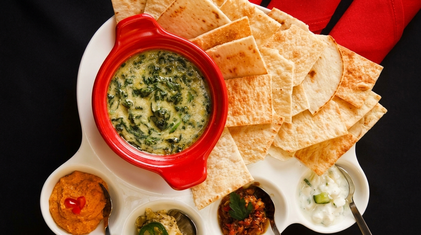 A white platter with a red bowl of spinach dip, pita bread, and three other dips.