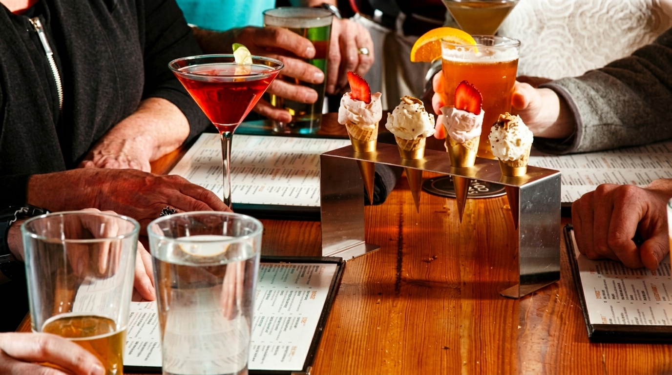 People enjoying cocktails, beer, and a dessert flight of mini ice cream cones at a wooden table.